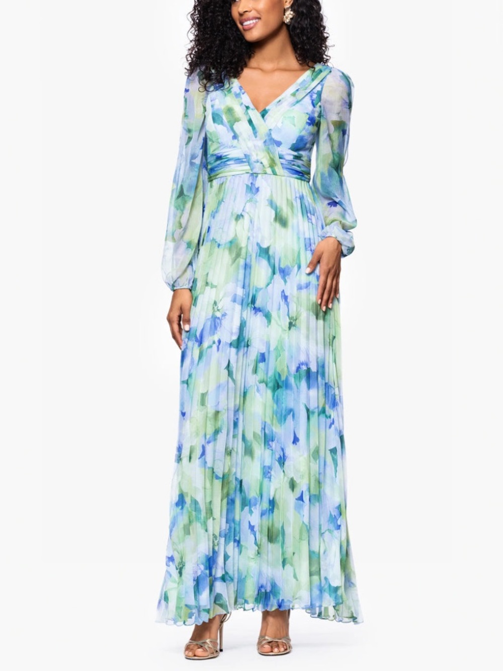 Betsy & Adam Blue and Green Watercolor V‑Neck Maxi Dress